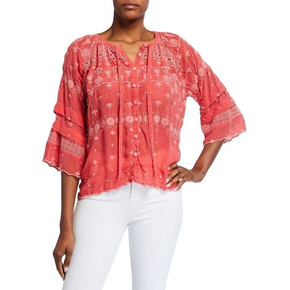 Johnny Was Tay Eylet Floral Embroidered Button Up Top Passionfruit Size Medium - Picture 3 of 8